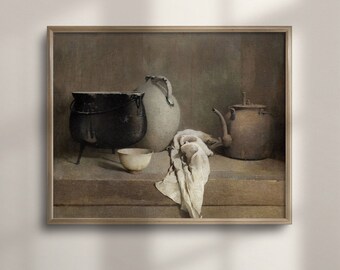 Antique Kitchen Still Life Oil Painting: Rustic Farmhouse Decor