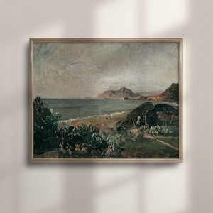 Pintura al óleo del paisaje costero antiguo, paisaje marino de bellas artes vintage, decoración de la pared, póster, decoración artística del hogar, pared única, C16-645