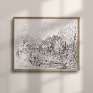 Antique French Countryside Sketch, Victorian Landscape Charcoal Art, Vintage Wall Decor, Victorian Print Poster, C16-650