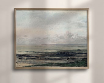 Antique Seascape Oil Painting Print: Moody Coastal Landscape