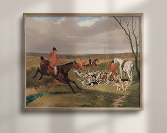 Vintage Horse Hunt Oil Painting: Equestrian Farmhouse Art