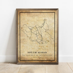 Südsudan Vintage Karte Landkarte Poster, Landkarte Druck, Landstraße Straßenkarte, C15-116