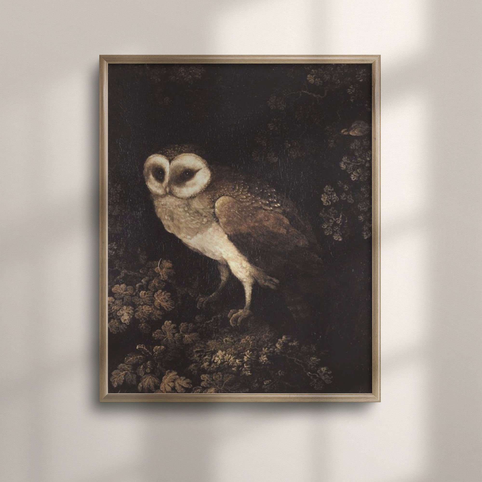 Antique Owl Art Print, Moody Dark Academia Painting, Vintage Bird Wall Decor, Neutral Toned Flora and Fauna Home Decor, C16-1079