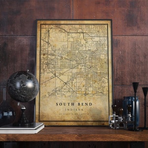 Póster de mapa vintage de South Bend, arte de pared, impresión de arte urbano, decoración del hogar antigua, rústica y de estilo antiguo, regalo de impresiones de Indiana, VM301