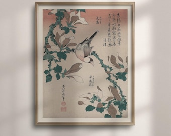 Botanical Art Print, Vintage Japanese Magnolia And Bird Wall Decor