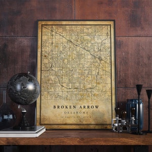 Póster de mapa vintage de Broken Arrow, arte de pared, impresión de arte urbano, decoración del hogar antigua, rústica y de estilo antiguo, impresiones de Oklahoma, regalo, VM278
