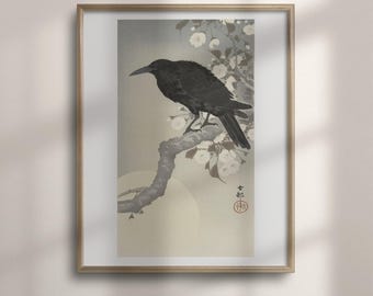 Crow by a Full Moon Print: Ohara Koson Japanese Wall Art, Crow and Blossom Woodblock