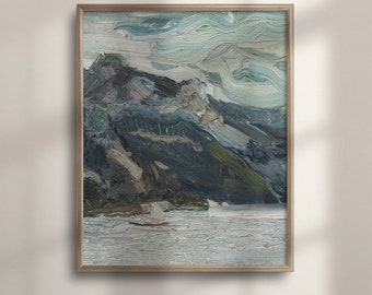 Vintage Coastal Seascape Painting: Neutral Sage Green Abstract Art