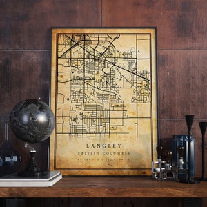 Langley Vintage Map Poster Wall Art | City Artwork Print | Antique, rustic, old style Home Decor | British Columbia prints gift | M352