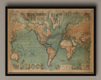 Great Vintage World Map in 1882, AM30