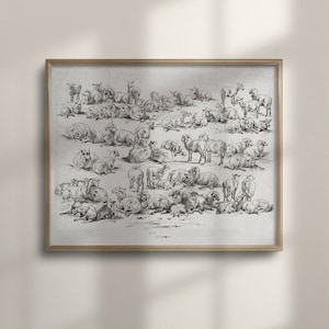Vintage Sheep Sketch, Neutral Farmhouse Wall Art, Antique Poster Print for Nursery and Kids Room Decor, C16-188