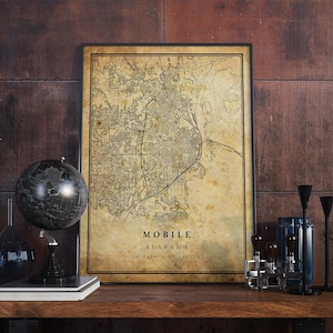 Mobile Vintage Karte Poster Wandkunst | Stadt Kunstwerk Druck | Antike, rustikale, alte Wohnkultur | Alabama Drucke Geschenk | VM125