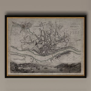 Porto Map, Vintage Map of Porto, Portugal, Vintage Wall Art, Home Decor, Framed Options Available, Circa 19th C., AM45