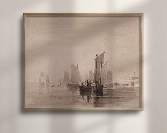 Vintage Sailboat Watercolor Painting, Nautical Coastal Art, Neutral Muted Seascape, Wall Decor, C16-685