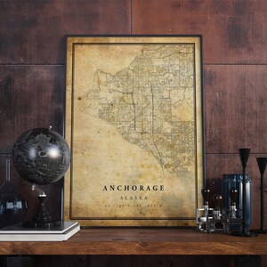 Póster de mapa vintage de Anchorage, arte de pared, impresión de arte urbano, decoración del hogar antigua, rústica y de estilo antiguo, impresiones de Alaska, regalo, VM66