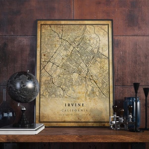 Póster de mapa vintage de Irvine, arte mural, impresión de arte urbano, decoración del hogar antigua, rústica y de estilo antiguo, impresiones de California, regalo, VM75