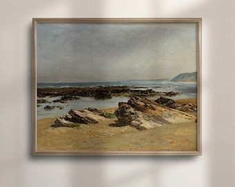 Antique Seascape Oil Painting: Coastal Farmhouse Art Print