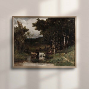 Vintage Cows in Meadow Oil Painting: Rustic Farmhouse Wall Art