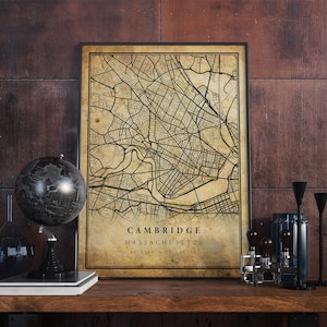 Póster de mapa vintage de Cambridge, arte mural, impresión de arte urbano, decoración del hogar antigua, rústica y de estilo antiguo, impresiones de Massachusetts, regalo, VM262