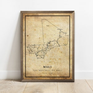 Impression d'affiche de carte vintage du Mali, art mural de carte routière de rue de pays, impression de carte de pays, estampes de pays, C15-79