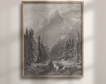 Könnte beinhalten: Eine Schwarzweiß-Gravur eines Gebirges mit einem Fluss, der durch das Tal fließt. Die Berge sind hoch und zerklüftet, der Fluss ist gewunden und schmal. An beiden Seiten des Flusses stehen Bäume.