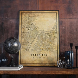 Affiche vintage de carte de Green Bay, art mural | Impression d'oeuvres d'art de la ville | Décoration d'intérieur antique, rustique et de style ancien | Cadeau imprimé Wisconsin | VM286