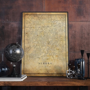 Affiche vintage carte Aurora art mural | Impression d'oeuvres d'art de la ville | Décoration d'intérieur antique, rustique et de style ancien | Cadeau imprimé Illinois | VM111