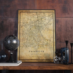 Lafayette Vintage Karte Poster Wandkunst | Kunstdruck | Antike, rustikale, alte Stil Wohnkultur | Louisiana Drucke Geschenk | VM215