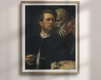 Self-Portrait with Death Playing the Fiddle Print: Arnold Böcklin Gothic Wall Art, Dark Academia Painting