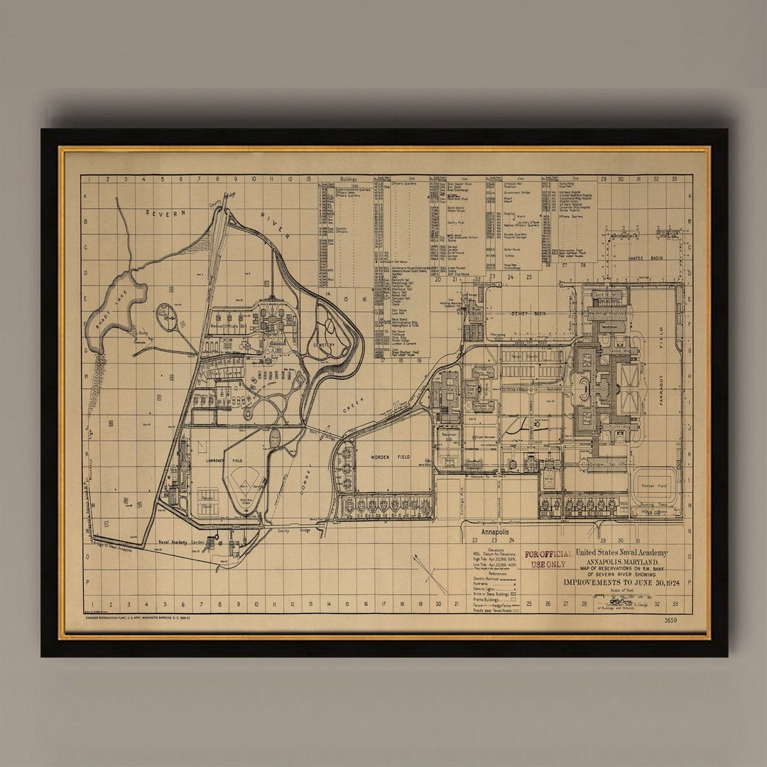 Map of US Naval Academy Annapolis, Maryland, 1924. Vintage Restoration Hardware Home Deco Style