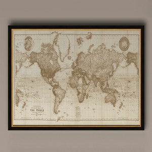 Lindo mapa-múndi Vintage Atlas 1898 projeção Mercator SEPIA, AM33