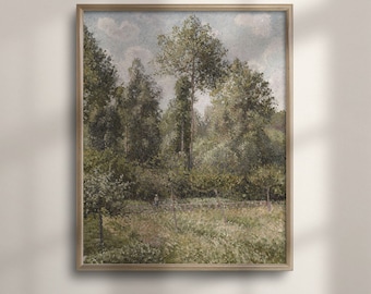 May include: A framed landscape painting of a forest scene. The artwork shows tall trees, a grassy field, and a cloudy sky. The color palette includes greens, browns, and muted blues, creating a serene and naturalistic aesthetic.