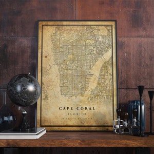Cape Coral Vintage kaart poster kunst aan de muur | Stadskunstwerk afdrukken | Antieke, rustieke, oude stijl Home Decor | Florida drukt cadeau af | VM136