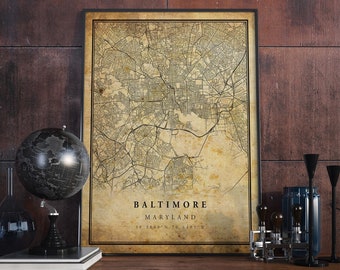 Baltimore Vintage Karte Poster Wandkunst | Stadt Kunstwerk Druck | Antike, rustikale, alte Wohnkultur | VMaryland druckt Geschenk | VM30