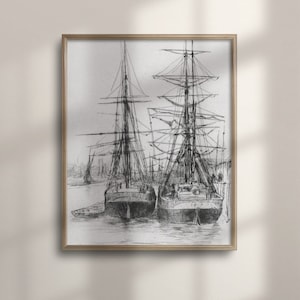 Antike nautische Skizze Kunst, Vintage Schiff Zeichnung, Boot Wanddekor, Bauernhaus Stil, große Wandkunst, Poster Druck, Vintage Haus, C16-783