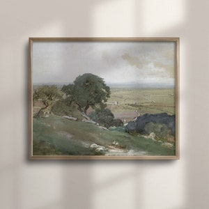 May include: A framed watercolor painting depicting a landscape scene with a winding road leading through a valley. The painting features a large tree in the foreground and a distant horizon with a cloudy sky.