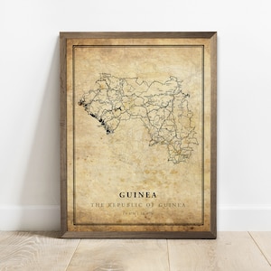 Guinee vintage kaart poster print, land straat wegenkaart kunst aan de muur, land geschenken, landkaart afdrukken, C15-49
