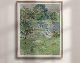 Girl in a Boat with Geese Print: Berthe Morisot Garden Wall Art, Impressionist Lake Painting