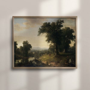Vintage Oil Painting: Rustic Farmhouse Landscape with Cows