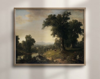 Vintage Oil Painting: Rustic Farmhouse Landscape with Cows
