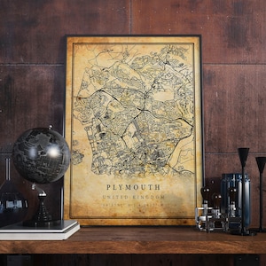 Plymouth Vintage Karte Poster Wandkunst | Kunstdruck | Antike, rustikale, alte Stil Wohnkultur | Vereinigtes Königreich druckt Geschenk | M497