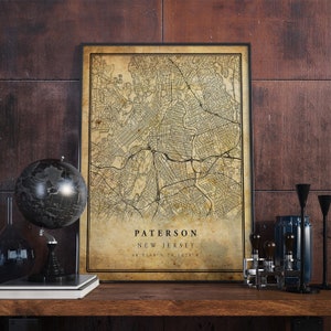 Póster de mapa vintage de Paterson, arte mural, impresión de arte urbano, decoración del hogar antigua, rústica y de estilo antiguo, impresiones de Nueva Jersey, regalo, VM178