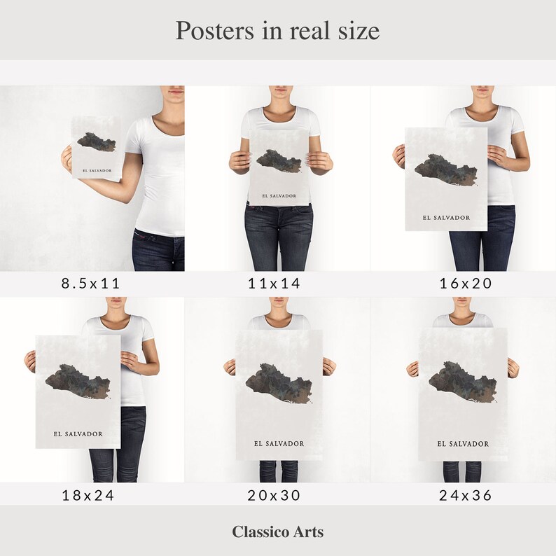 May include: Six different sizes of posters featuring a map of El Salvador with a grey and brown colour scheme. The posters are held by people in the image. The sizes are 8.5x11, 11x14, 16x20, 18x24, 20x30, and 24x36 inches.