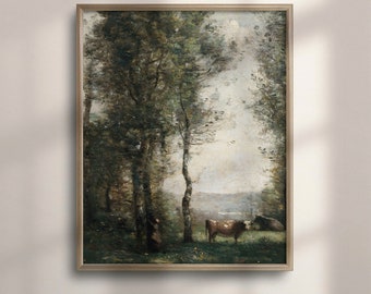 Vintage Cow Pasture Landscape Print: Rustic Farmhouse Wall Art