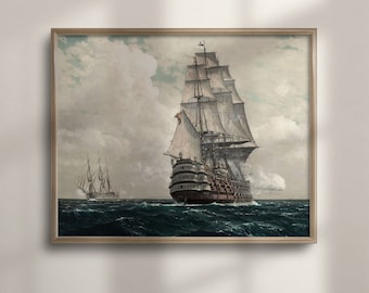 Vintage Nautical Ship Artwork, Antique Sea Painting, Maritime Wall Decor, Classic Ship Print, C16-229