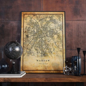 Warsaw Vintage Map Poster Wall Art | City Artwork Print | Antique, rustic, old style Home Decor | Poland prints gift | M648