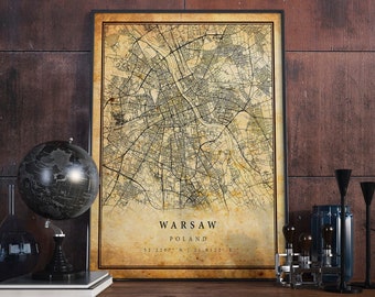 Warsaw Vintage Map Poster Wall Art | City Artwork Print | Antique, rustic, old style Home Decor | Poland prints gift | M648