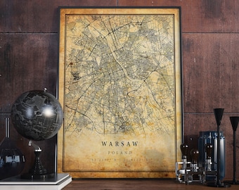 Warsaw Vintage Map Poster Wall Art | City Artwork Print | Antique, rustic, old style Home Decor | Poland prints gift | M648