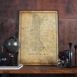 Póster de mapa vintage de Santa María, arte mural, impresión de arte urbano, decoración del hogar antigua, rústica y de estilo antiguo, impresiones de California, regalo, VM282