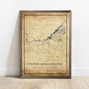 Verenigde Arabische Emiraten vintage kaart poster print, land straat wegenkaart kunst aan de muur, land decor, land geschenken, C15-131
